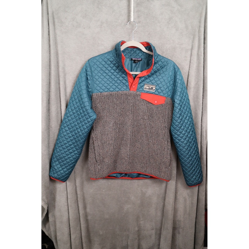 Patagonia Womens Small Quilted Fleece Snap Neck Mixed Media Pullover Teal Orange